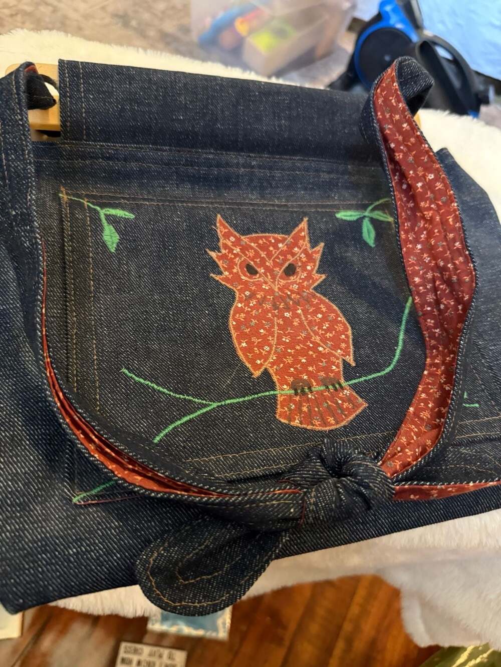 Denim Delights Handmade Denim Tote Bag With Embroidered Owl And Floral Lining